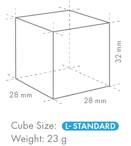 Diagram of a cube with dimensions 28 mm x 28 mm x 32 mm and weight 23 g, labeled 'L-Standard' for Hoshizaki IM-130PE-28-F Self-Contained Cube Ice Maker with Drain Pump 102kg | Ice Machines Brisbane