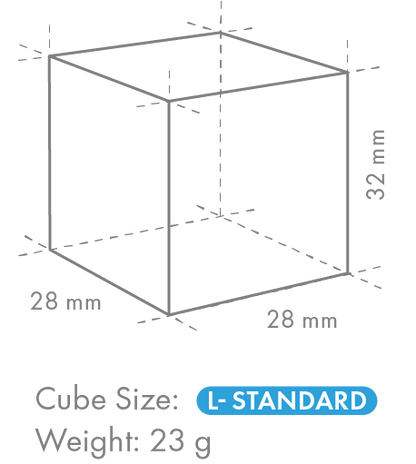 Diagram of a cube with dimensions 28 mm x 28 mm x 32 mm and weight 23 g, labeled 'L-Standard' for Hoshizaki IM-130PE-28-F Self-Contained Cube Ice Maker with Drain Pump 102kg | Ice Machines Brisbane